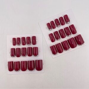 Elegant Dark Cherry Red Press-On Nails with Rhinestones